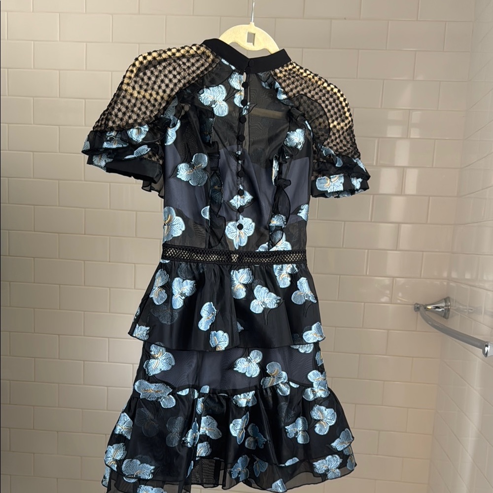 Self-Portrait Blue and Black Tiered Puff Sleeve Cocktail Dress